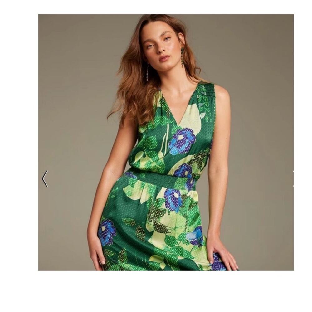 White House Black Market WHBM Green Satin Floral Hi Lo Maxi Dress Sz 4 - Picture 2 of 6